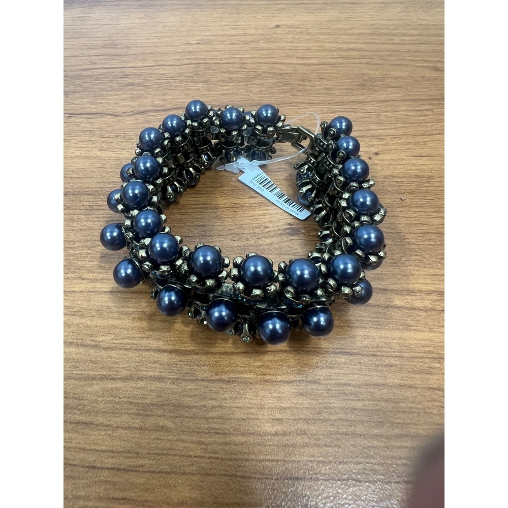 Banana Republic Navy Blue Pearl Statement Bracelet Antique Brass Victorian Style
